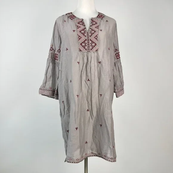 NWOT Johnny Was Embroidered Gray Ava Flare Sleeve Tunic Blouse Silk Blend  Size S